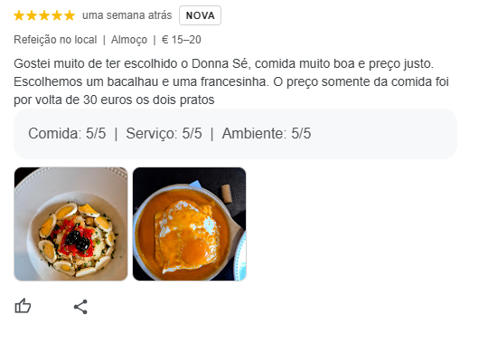 Gostei muito de ter escolhido o Donna Sé, comida muito boa e preço justo. Escolhemos um bacalhau e uma francesinha. 