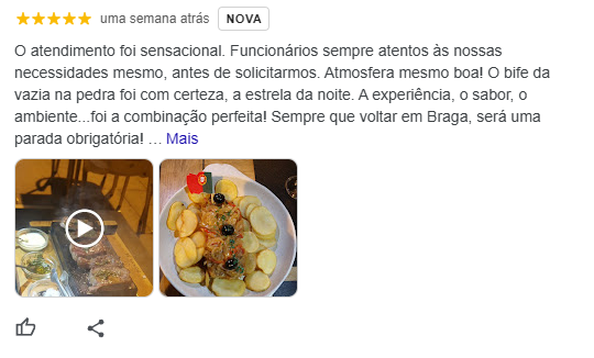 O atendimento foi sensacional. Funcionários sempre atentos às nossas necessidades mesmo, antes de solicitarmos. Atmosfera mesmo boa! O bife da vazia na pedra foi com certeza, a estrela da noite. A experiência, o sabor, o ambiente...foi a combinação perfeita! Sempre que voltar em Braga, será uma parada obrigatória!
