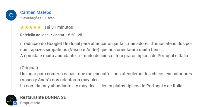 Un lugar para comer o cenar...que me encantó ...nos atendieron dos chicos encantadores (Vasco y André) nos orientaron muy bien....
La comida muy abundante....y muy rica....tienen platos típicos de Portugal y de Italia