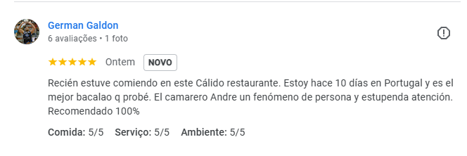 Recién estuve comiendo en este Cálido restaurante. Estoy hace 10 días en Portugal y es el mejor bacalao q probé. El camarero Andre un fenómeno de persona y estupenda  atención.  Recomendado 100%